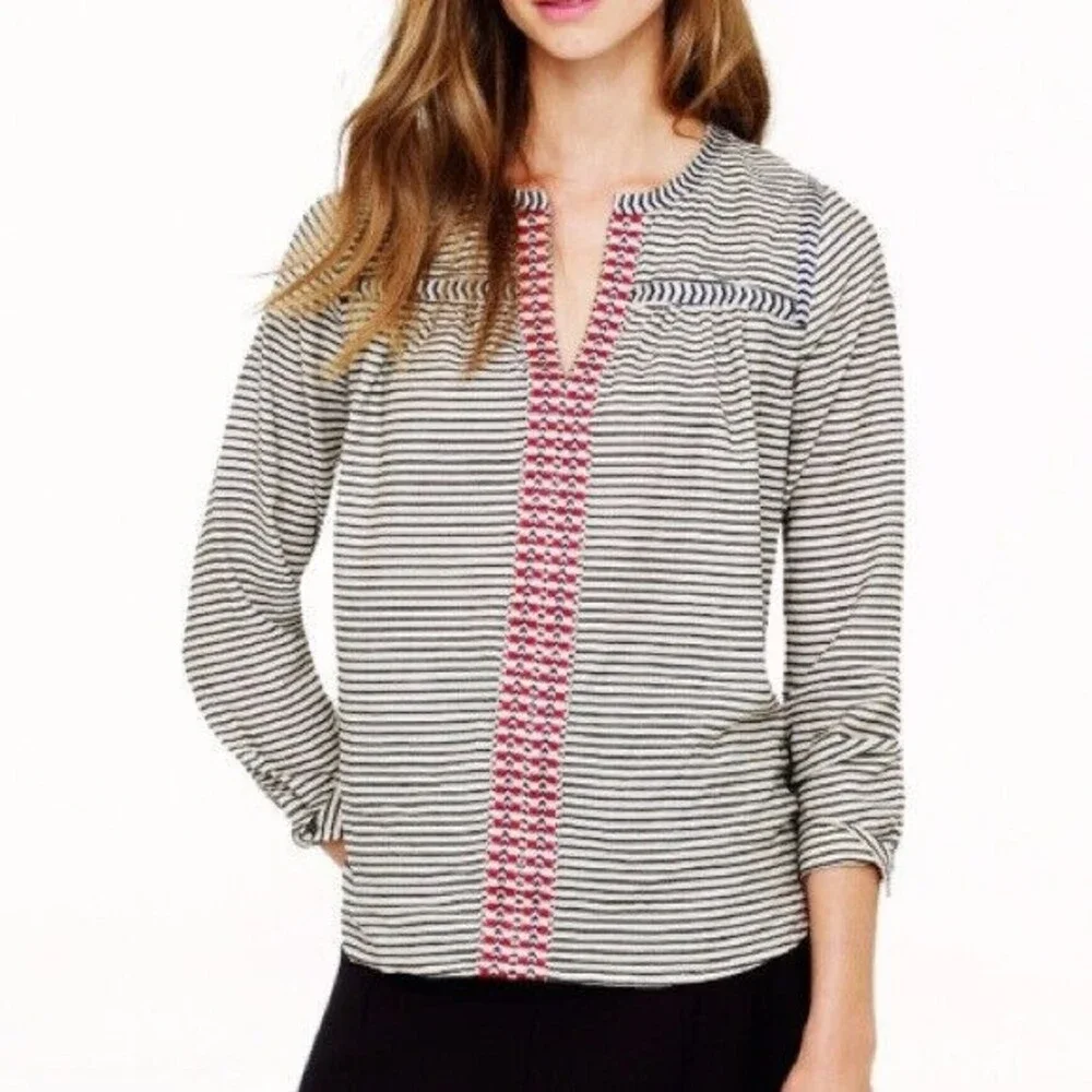 J.Crew Women's Embroidered Boho Black Ivory Striped Loose Fit Blouse - Size 0